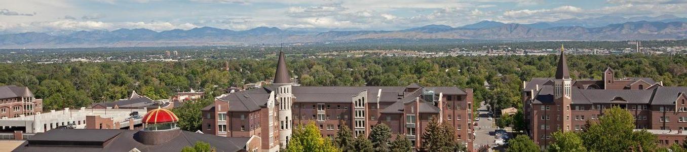 University of Denver campus with Rocky Mountains